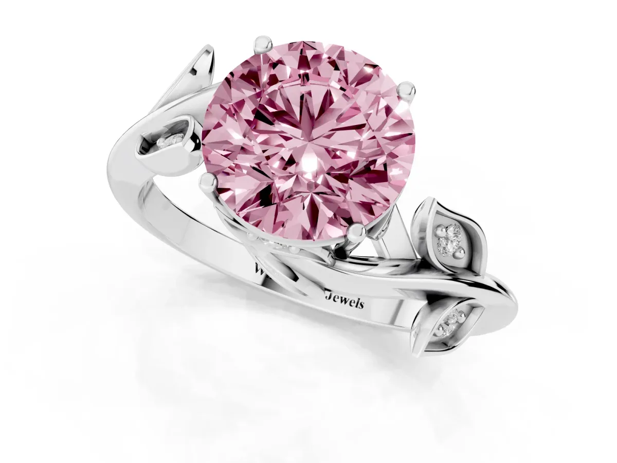 Fancy Pink Round Cut Solitaire Twist Engagement Ring with Leaf Accents and Prong Setting Silver