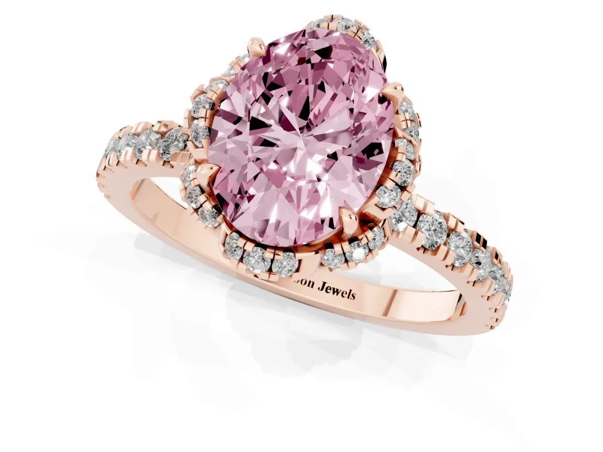 Fancy Pink Oval Cut Diamond Halo Pave Band with Four-Prong Setting Rose gold