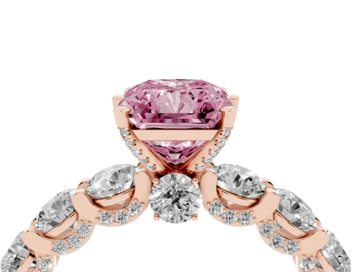 Fancy Pink Radiant Cut Diamond Side Stone Engagement Ring with Four-Prong Setting Rose gold