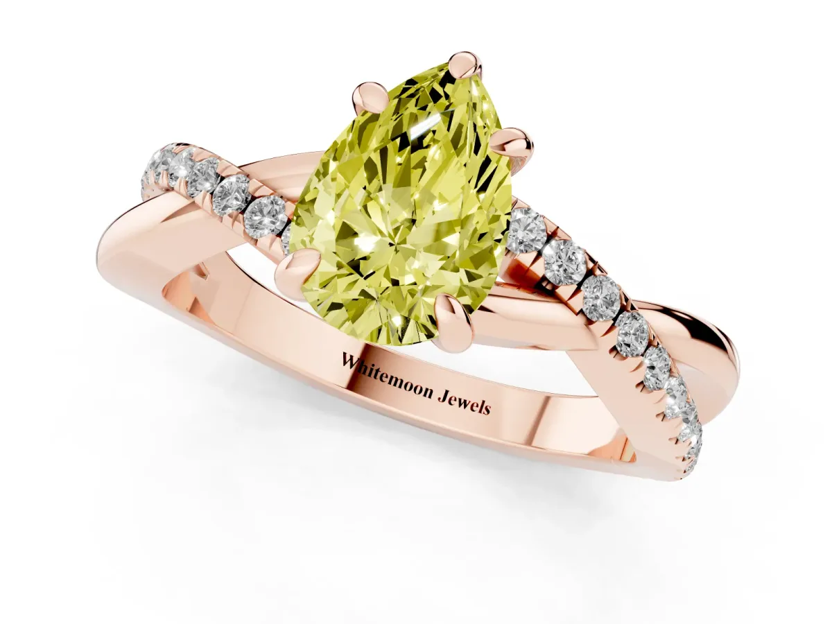 Fancy Yellow Pear Cut Cut Diamond Twist Band Solitaire with Prong Setting Rose gold