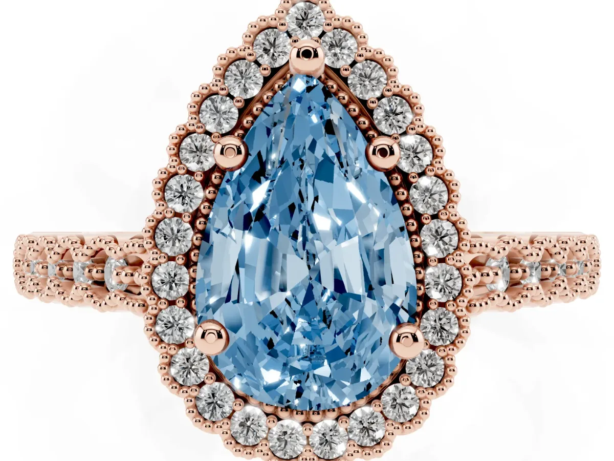 Fancy Blue Pear Cut Cut Halo Pavé Solitaire Ring with Milgrain Band Rose gold