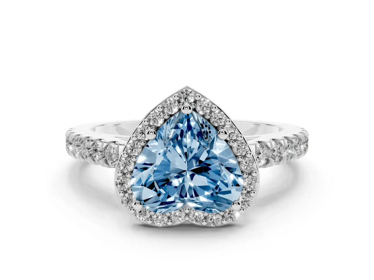 Fancy Blue Heart Cut Cut Halo Diamond Engagement Ring with Pave Band and Four-Prong Setting Silver