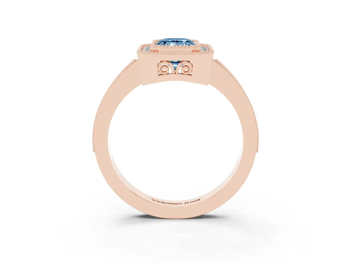 Fancy Blue Emerald Cut Cut Halo Diamond Ring with Pavé Band and Milgrain Prong Setting Rose gold