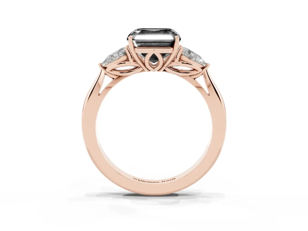 Fancy Black Three-Stone Asscher Cut Brilliant Diamond Solitaire Ring with Tapered Band and Four-Prong Setting Rose gold