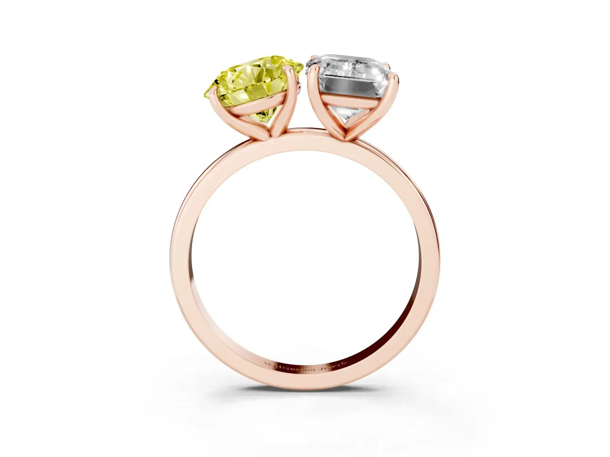 Fancy Yellow Round Cut and Emerald Cut Toi Moi Ring with Prong Setting Rose gold