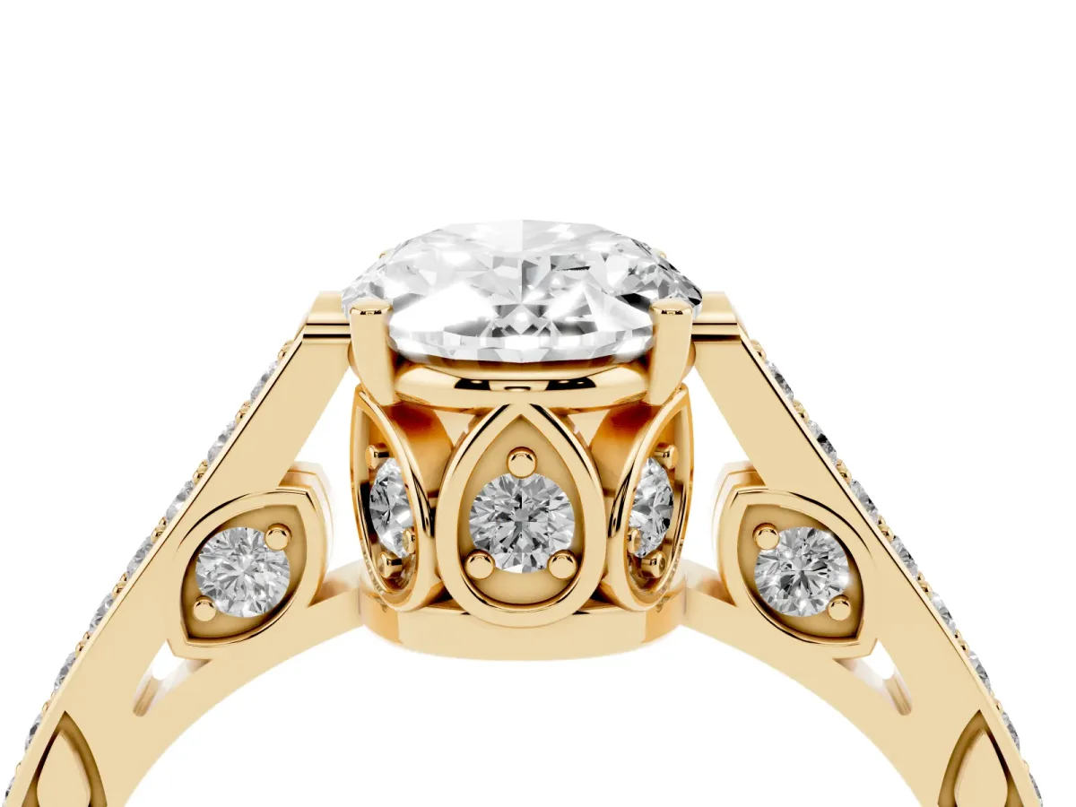 Oval Cut Cut Cathedral Pave Diamond Engagement Ring with Six-Prong Setting Yellow gold