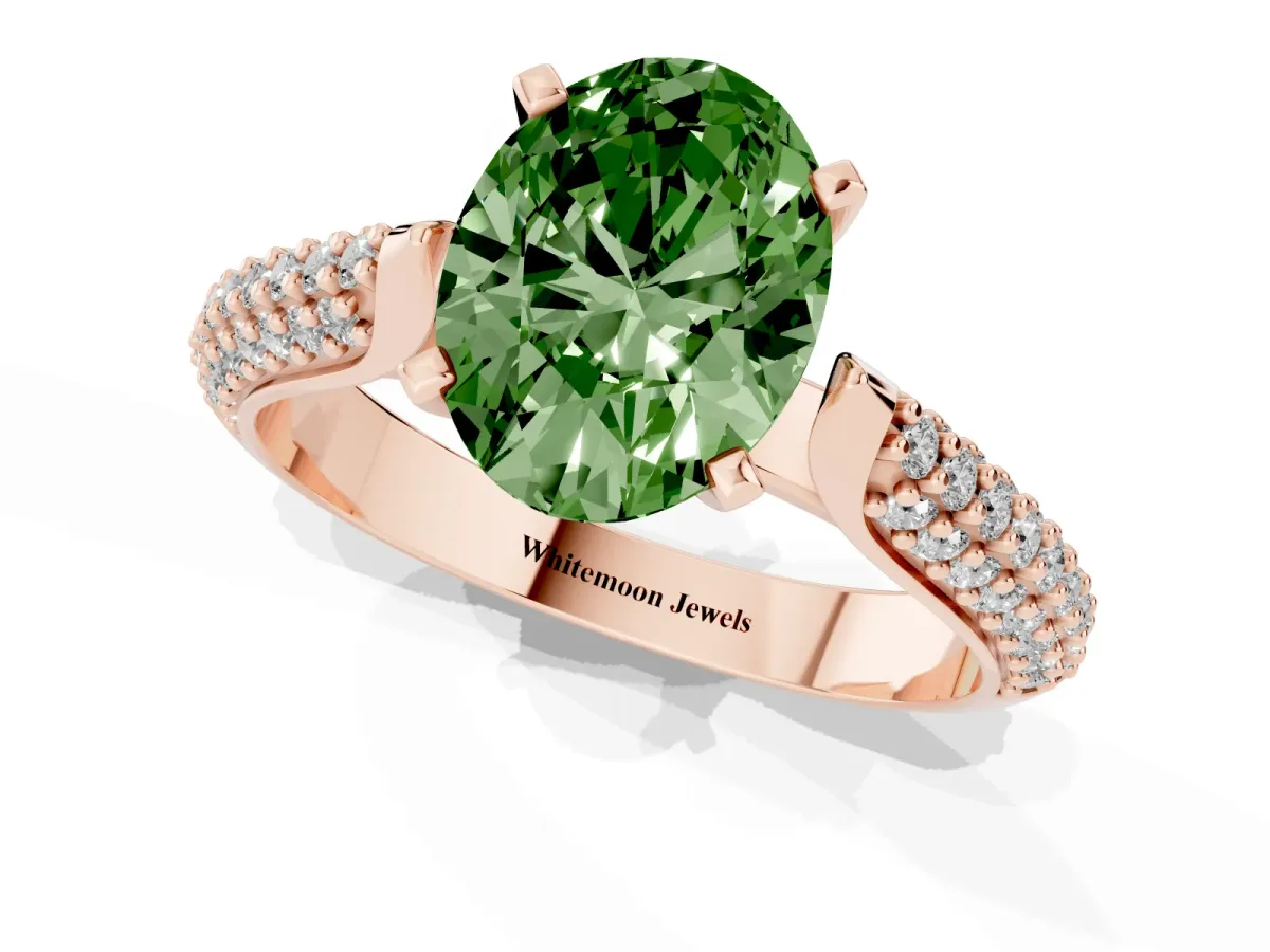 Fancy Green Oval Cut Diamond Solitaire Engagement Ring with Multi-Row Round Pavé Band and Prong Setting Rose gold