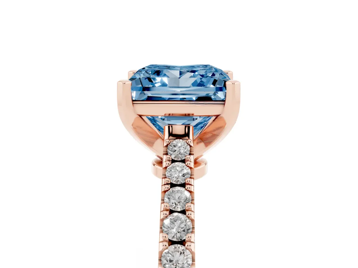 Fancy Blue Princess Cut Cut Solitaire Diamond Engagement Ring with Pave Band and Four-Prong Setting Rose gold
