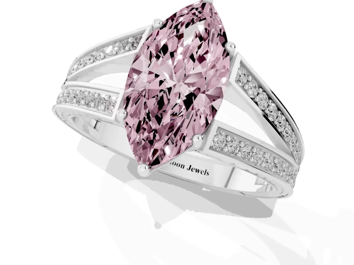 Fancy Pink Marquise Cut Diamond Split Shank Ring with Pavé Band and Four-Prong Setting Platinum