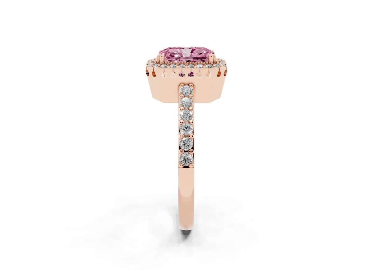 Fancy Pink Radiant Cut Cut Diamond Halo Engagement Ring with Milgrain Detail and Pavé Band Rose gold