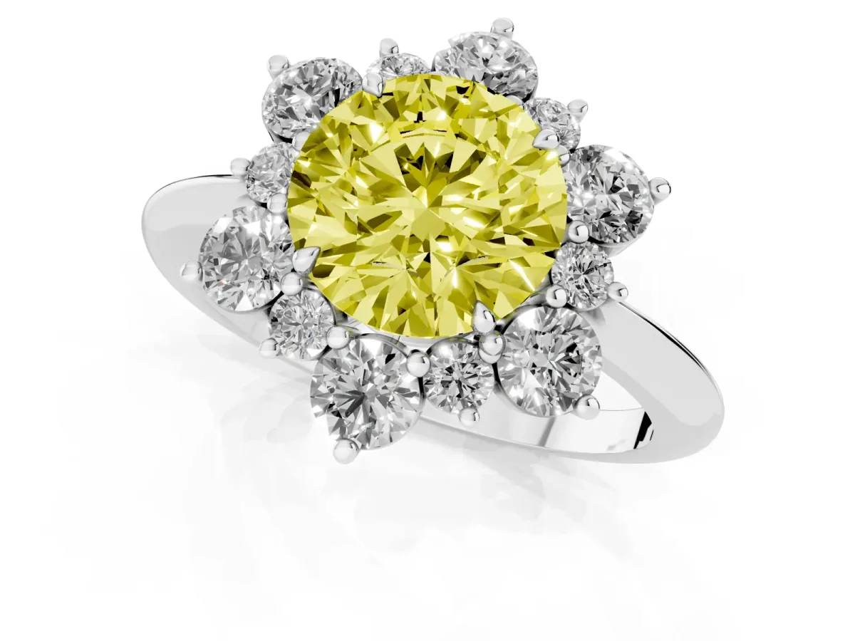 Fancy Yellow Round Cut Diamond Cluster Halo Ring with Solitaire Band and Four-Prong Setting White gold