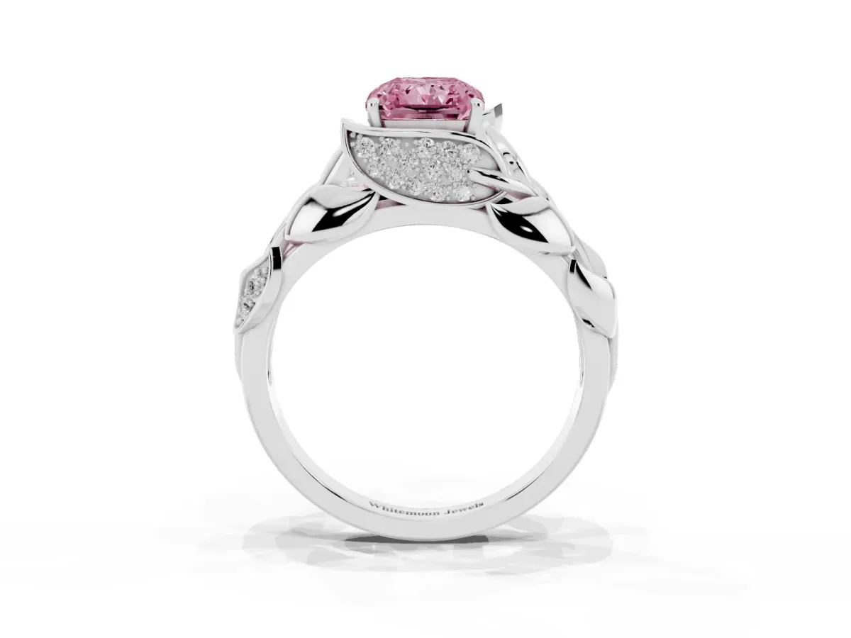 Fancy Pink Radiant Cut Diamond Leaf-Inspired Engagement Ring with Round Accents and Prong Setting Silver