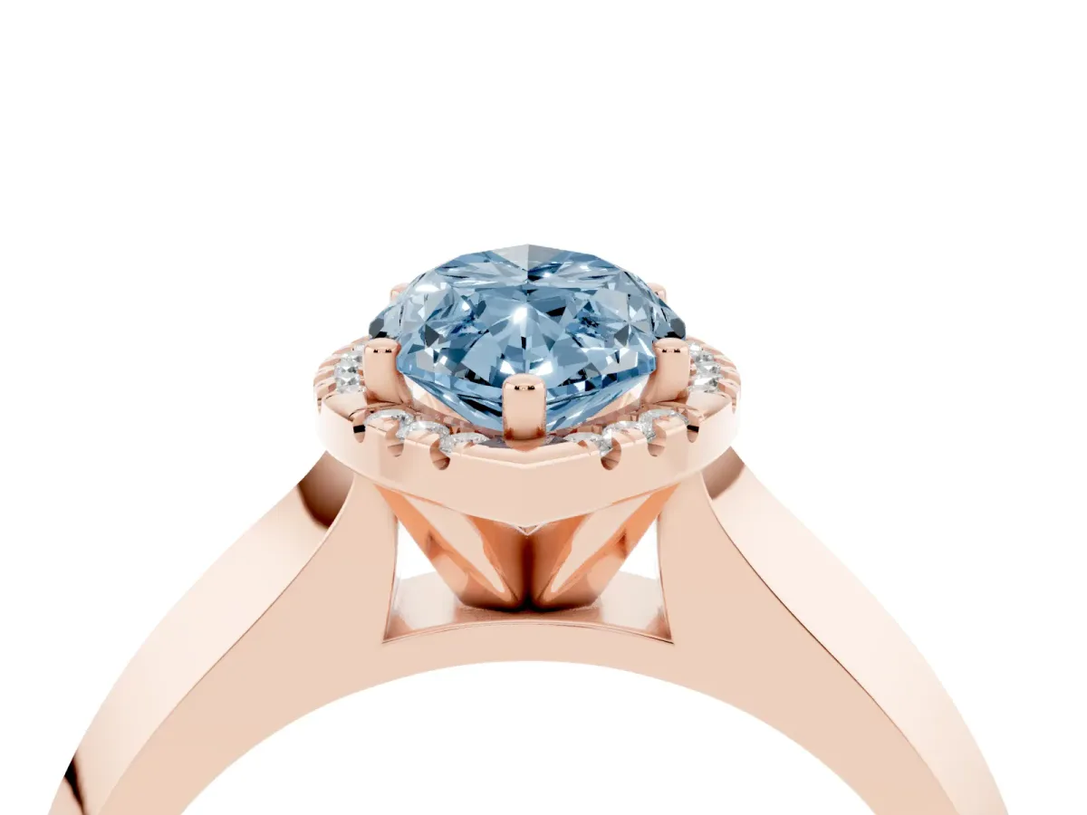 Fancy Blue Marquise Cut Halo Diamond Ring with Cathedral Band and Four-Prong Setting Rose gold