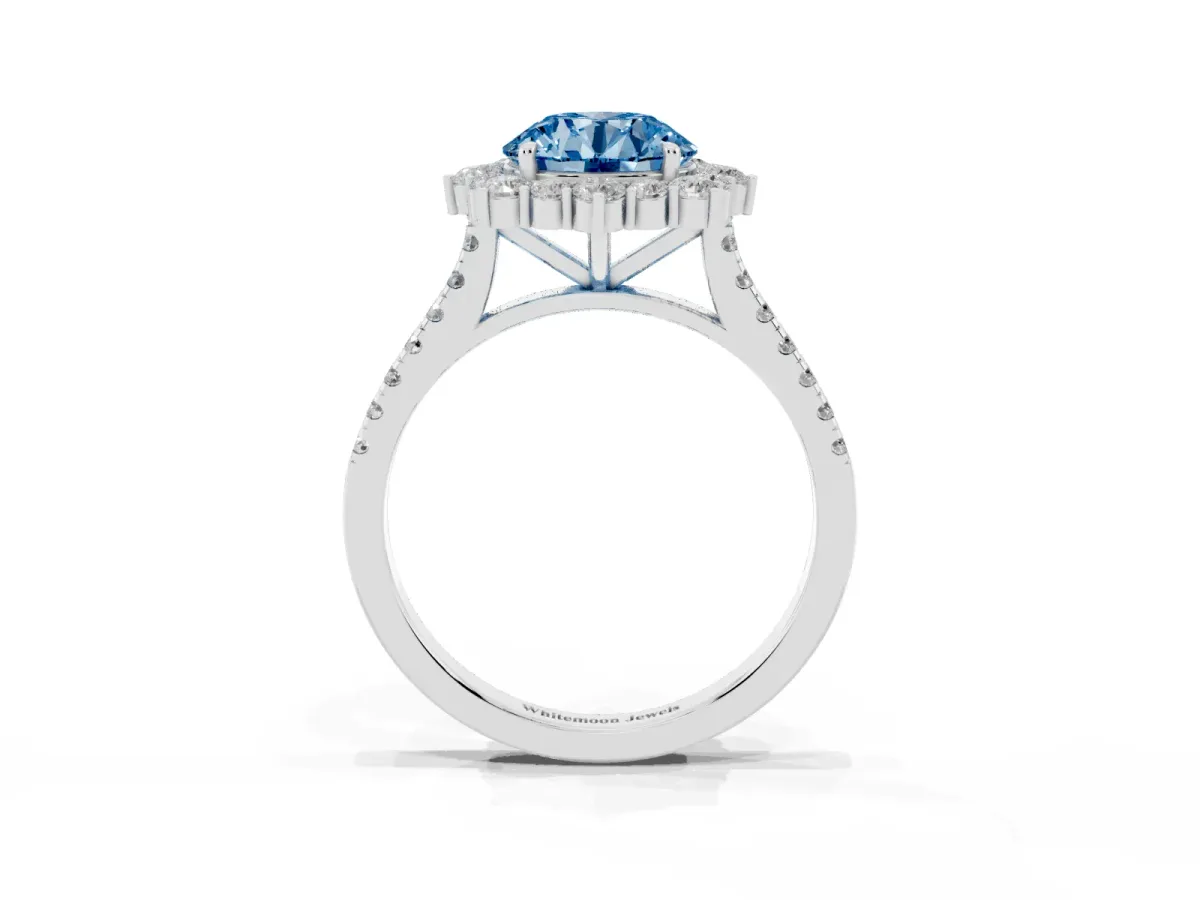 Fancy Blue Round Cut Halo Diamond Ring with Pavé Band and Prong Setting Silver