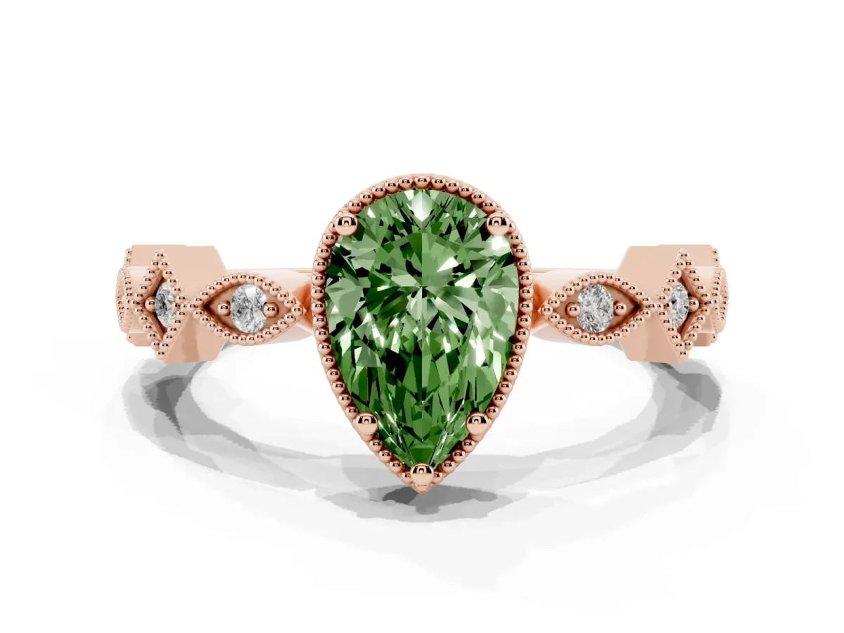 Fancy Green Pear Cut Milgrain Marquise Diamond Twist Band Ring Rose gold