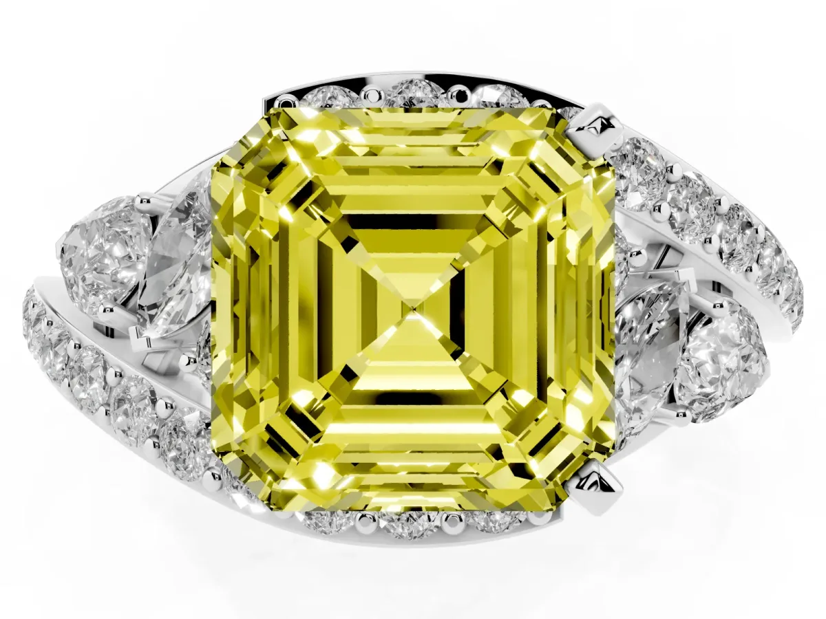 Fancy Yellow Asscher Cut Diamond Halo Ring with Marquise and Pavé Band in Prong Setting Platinum