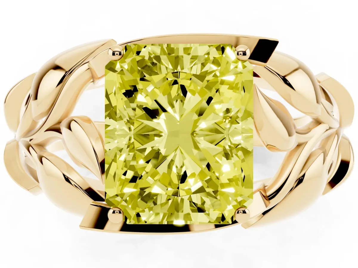 Fancy Yellow Radiant Cut Diamond Leaf-Inspired Engagement Ring with Round Accents and Prong Setting Yellow gold