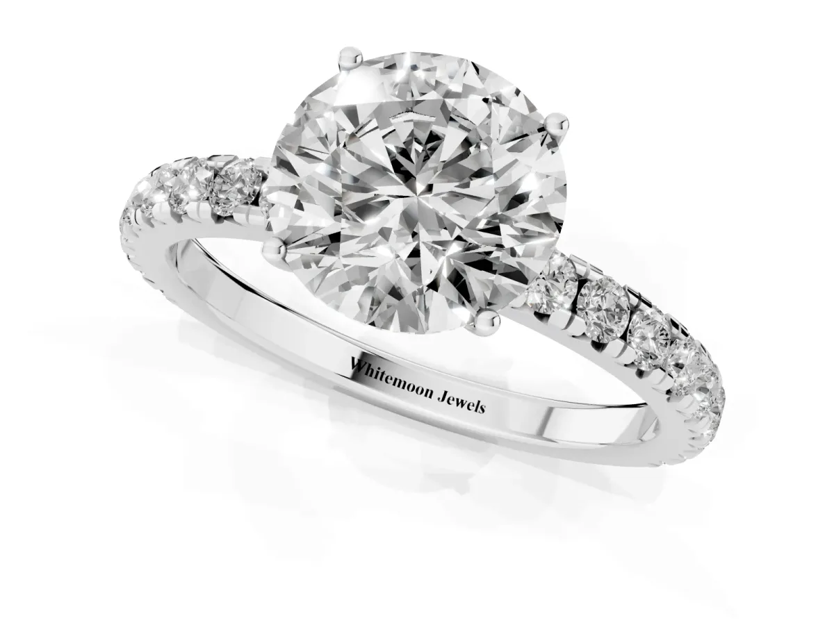 Round Cut Diamond Pavé Solitaire Engagement Ring with Four-Prong Setting Silver