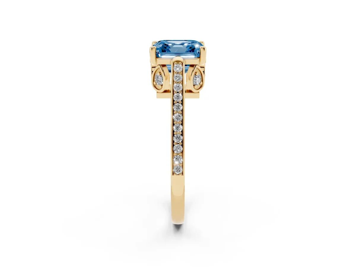 Fancy Blue Asscher Cut Cut Cathedral Pave Diamond Engagement Ring with Six-Prong Setting Yellow gold