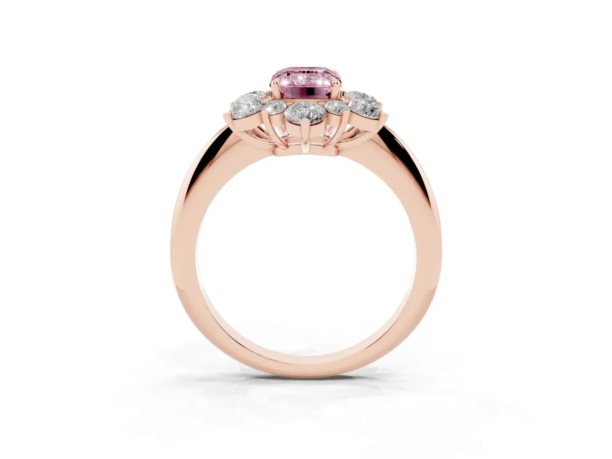 Fancy Pink Emerald Cut Diamond Cluster Halo Ring with Solitaire Band and Four-Prong Setting Rose gold