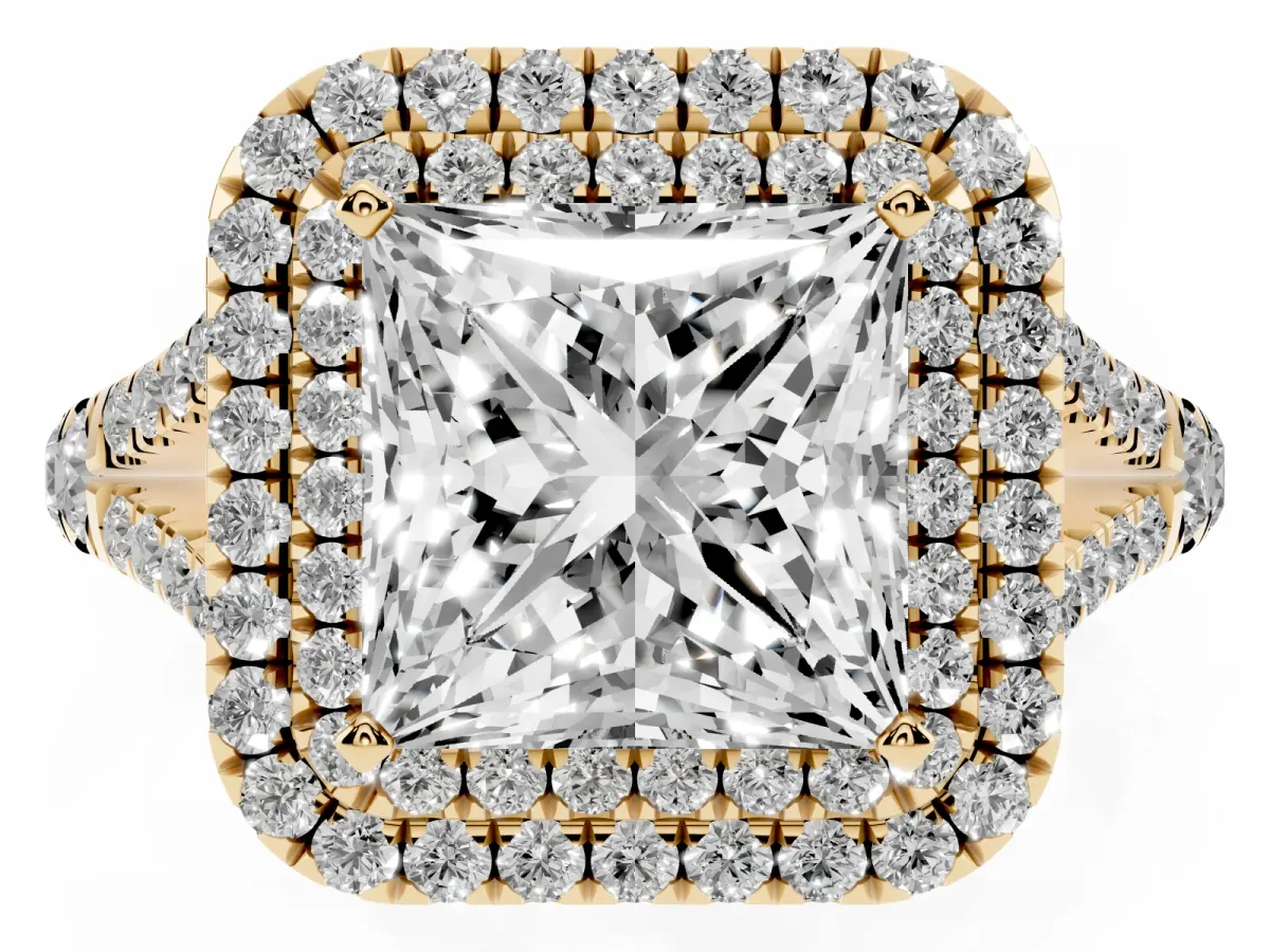 Princess Cut Diamond Pavé Split Shank Double Halo Engagement Ring Yellow gold