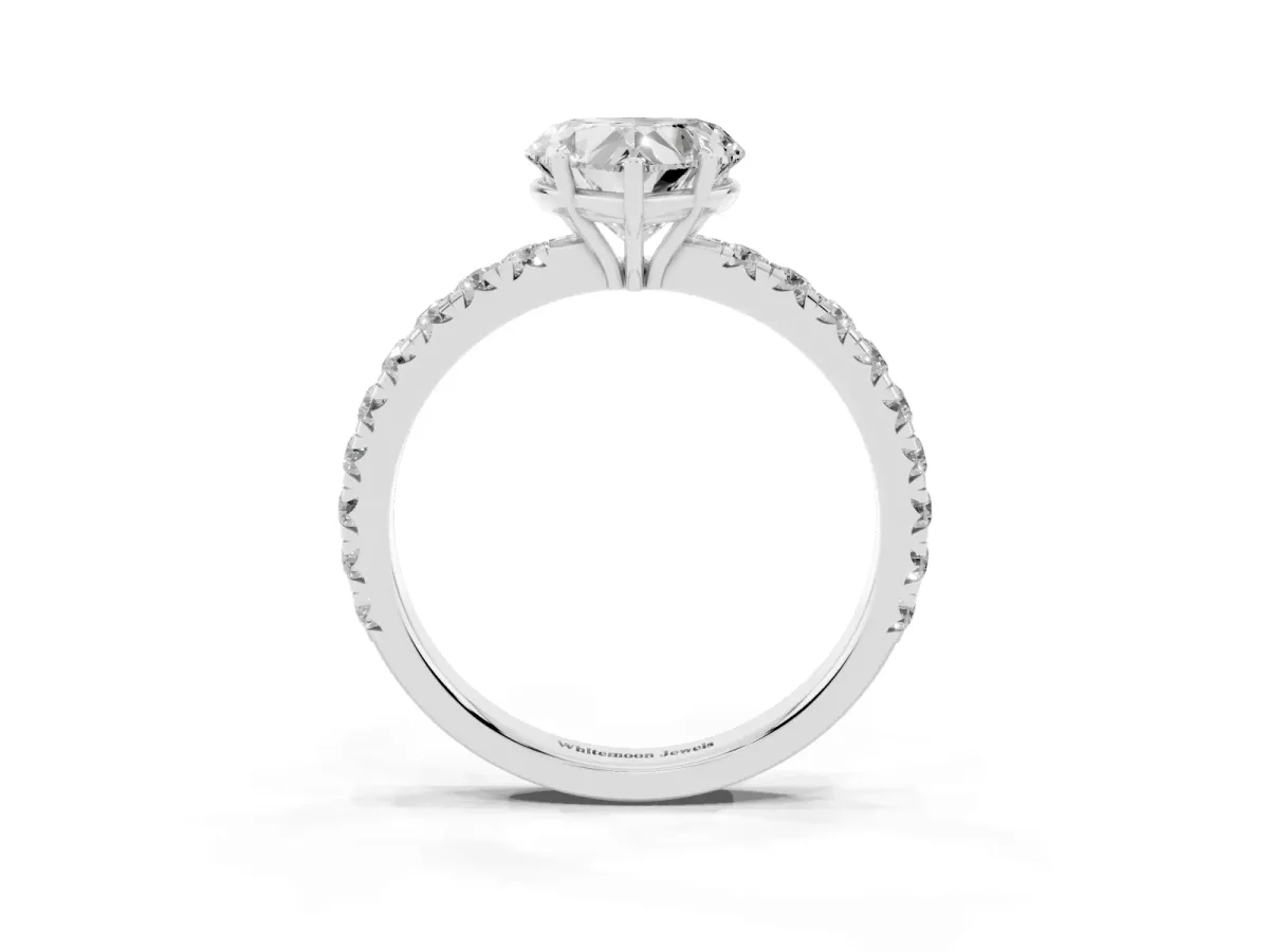 Heart Cut Diamond Pavé Solitaire Engagement Ring with Four-Prong Setting Silver