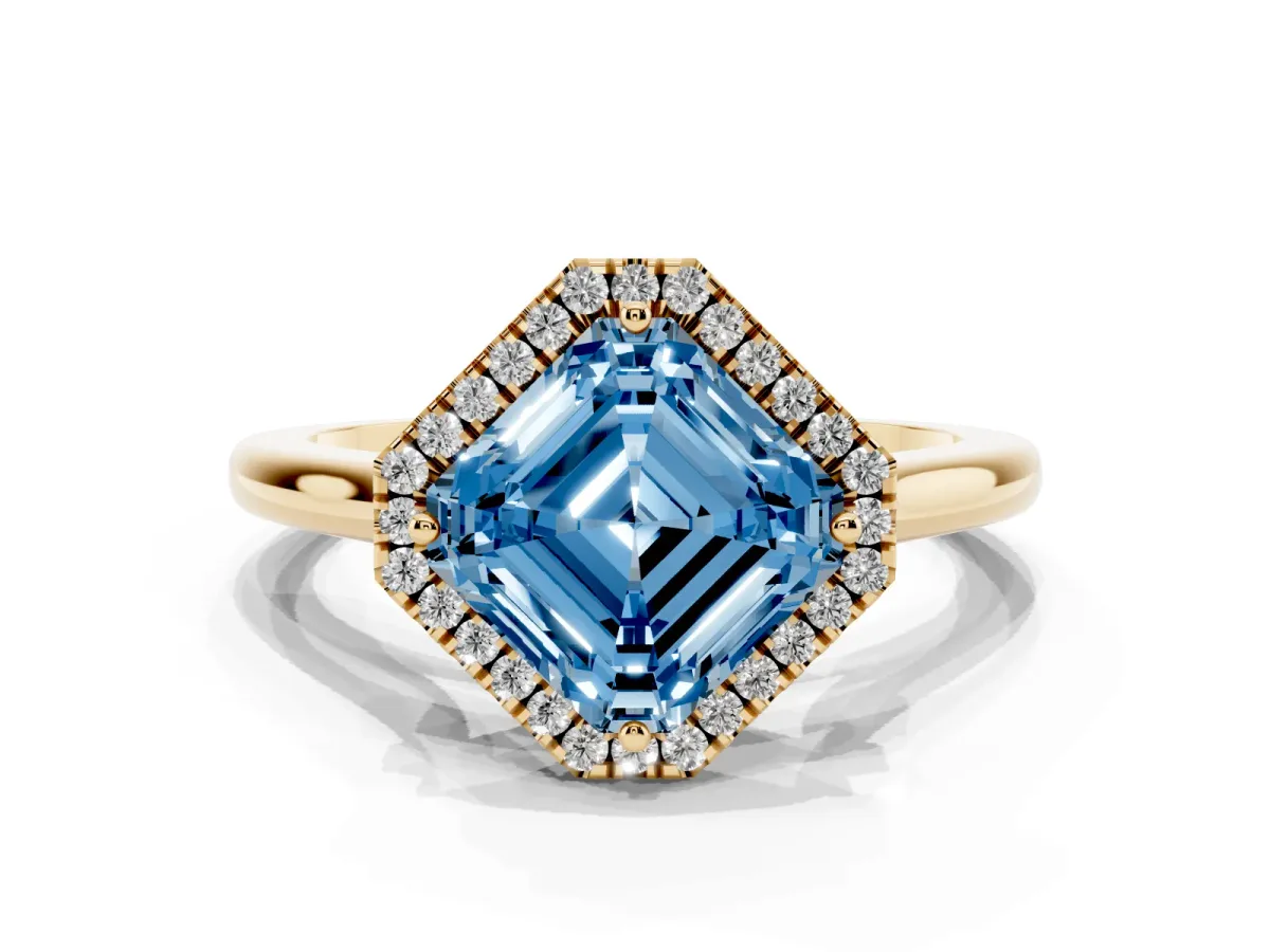 Fancy Blue Asscher Cut Halo Round Diamond Solitaire Engagement Ring with Pave Band and Four-Prong Setting Yellow gold