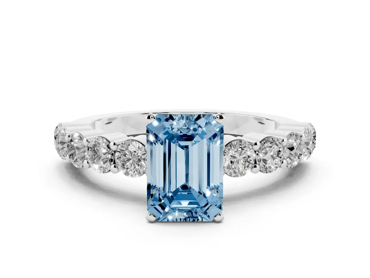 Fancy Blue Emerald Cut Diamond Solitaire Ring with Shared Prong Round Side Stones Platinum