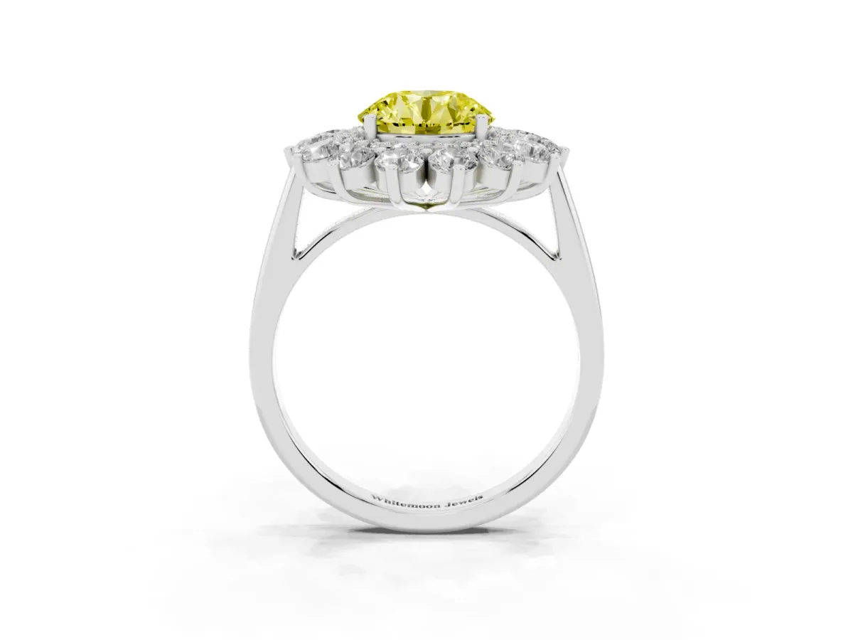 Fancy Yellow Round Cut Diamond Floral Double Halo Engagement Ring with Prong Setting Silver