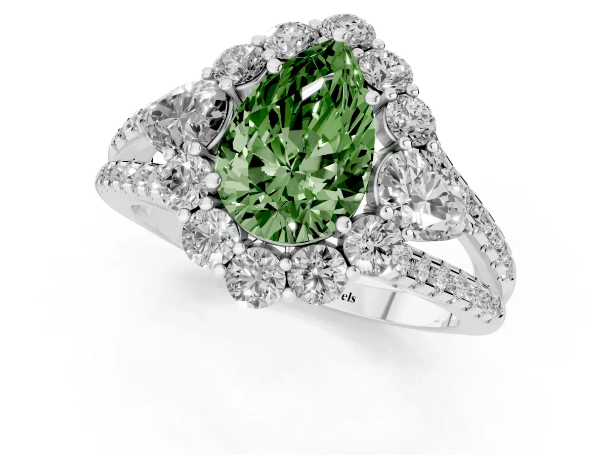 Fancy Green Pear Cut Halo Split Shank Diamond Engagement Ring with Prong Setting Platinum