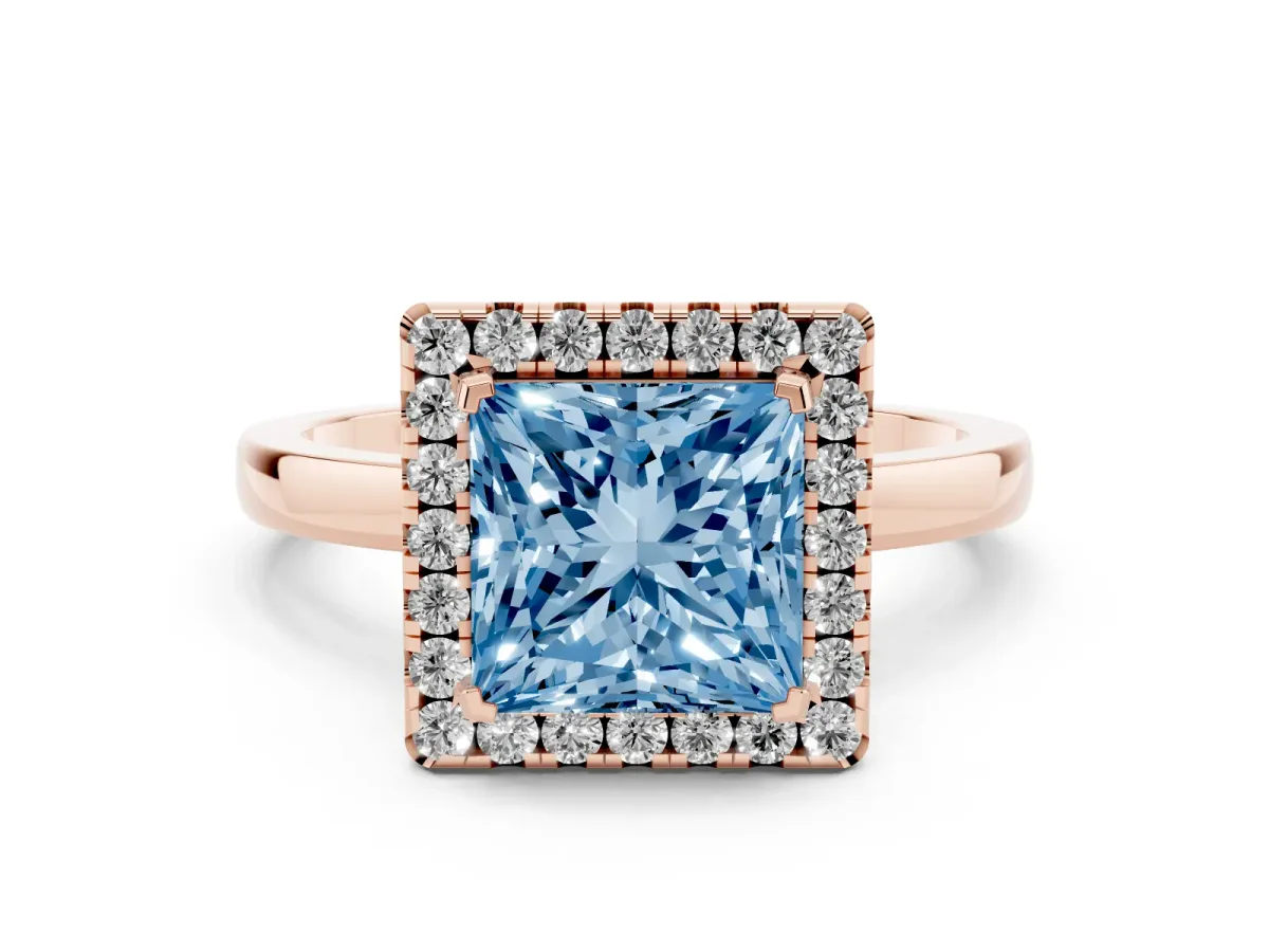 Fancy Blue Princess Cut Halo Diamond Solitaire with Pavé Band and Four-Prong Setting Rose gold