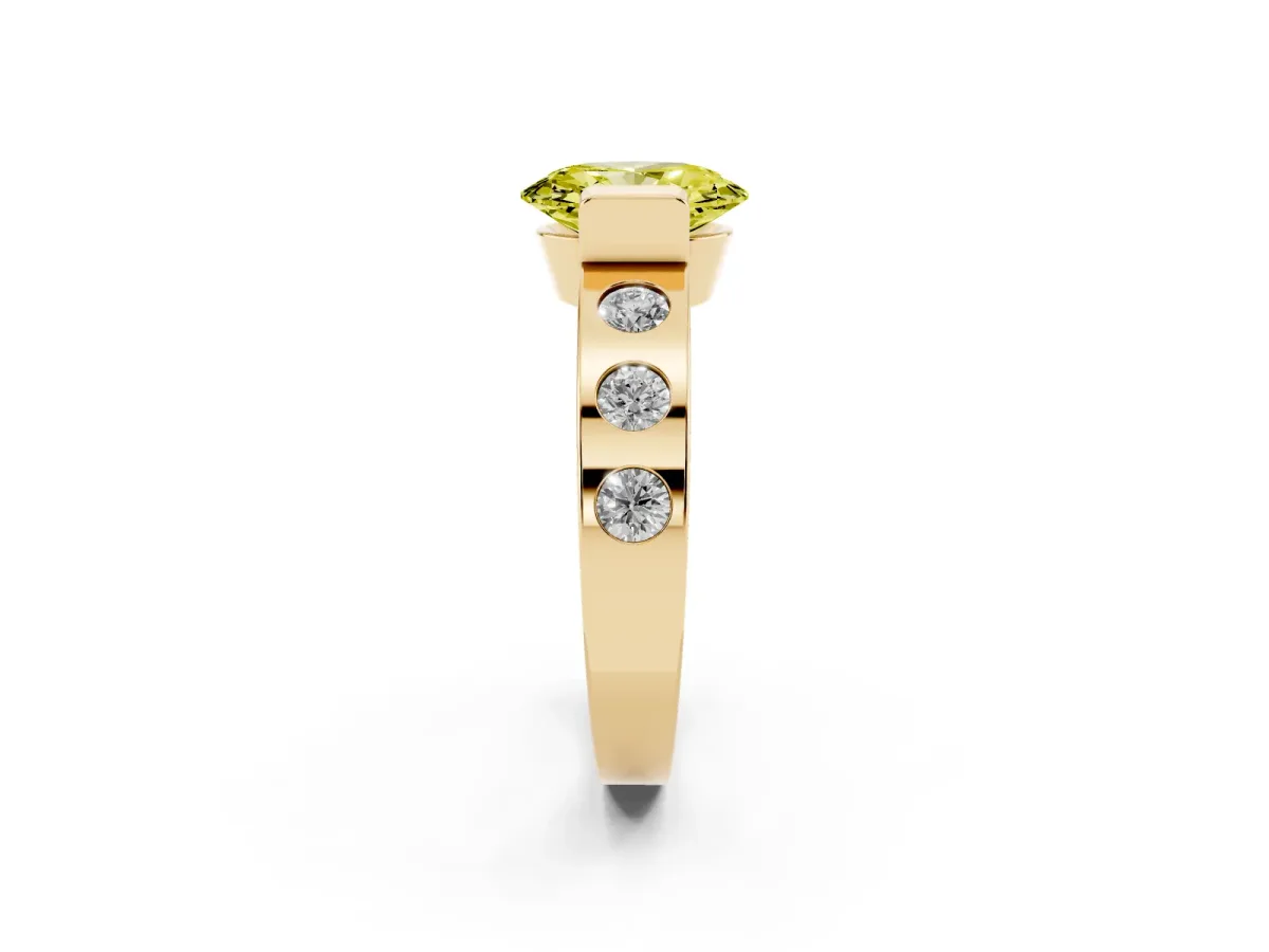 Fancy Yellow Oval Cut Brilliant Channel-Set Diamond Ring with Bezel Prong Setting Yellow gold