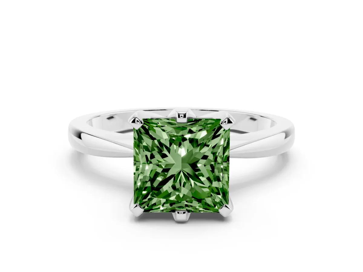 Fancy Green Princess Cut Solitaire Engagement Ring with Six-Prong Setting and Tapered Band Platinum
