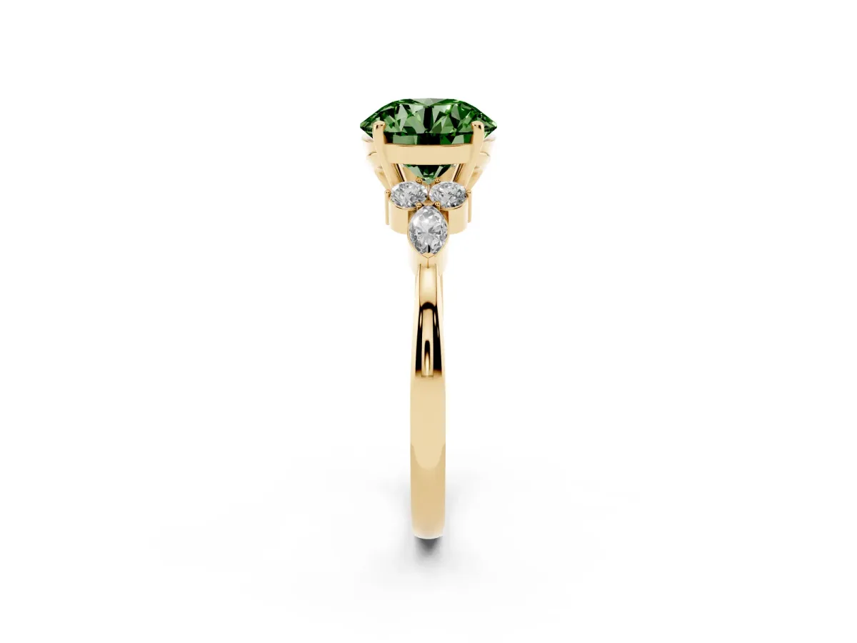Fancy Green Round Cut Brilliant Diamond Solitaire Ring with Pear Side Stones and Four-Prong Setting Yellow gold