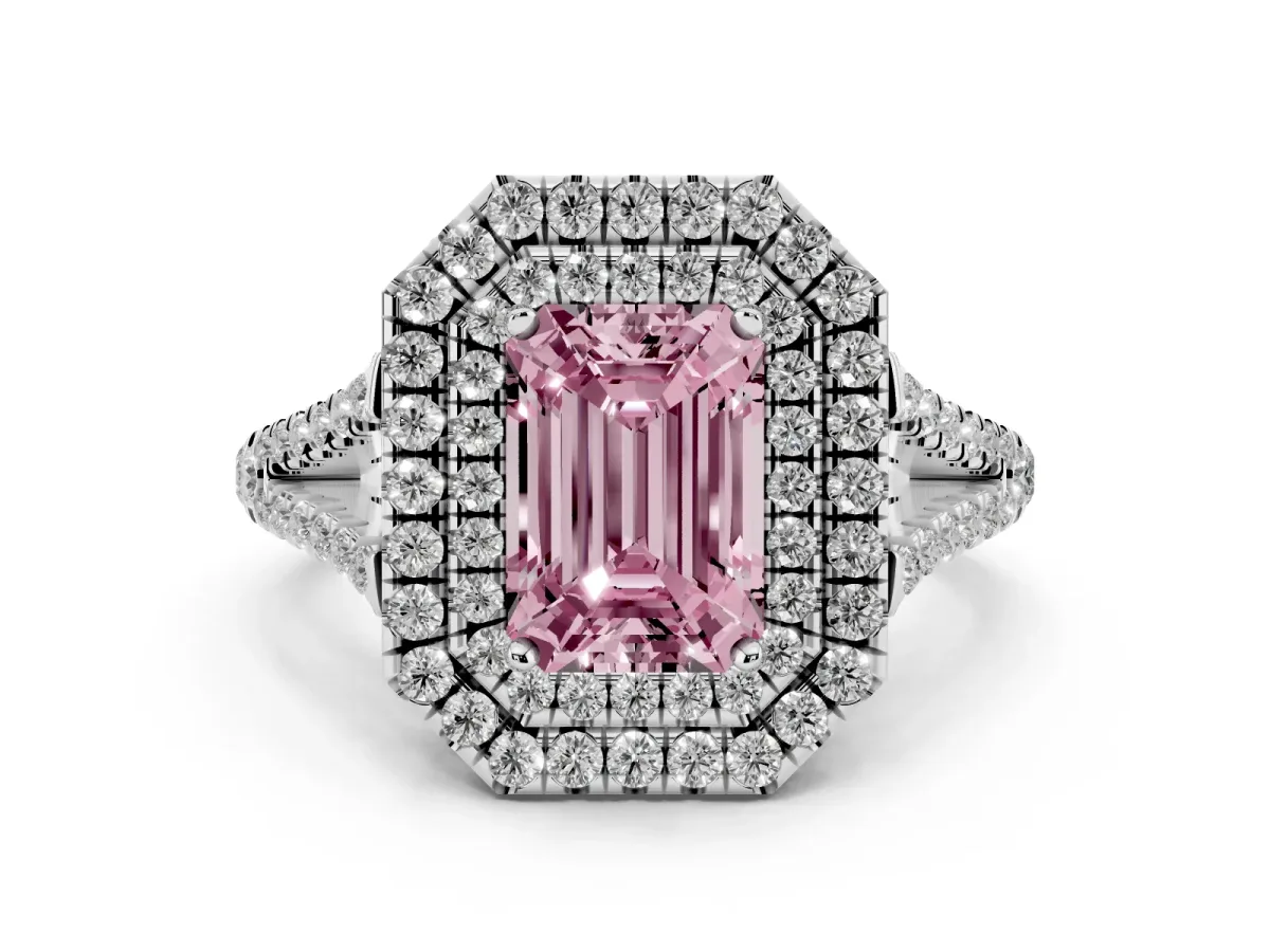 Fancy Pink Emerald Cut Diamond Double Halo Ring with Pavé Band and Prong Setting Silver