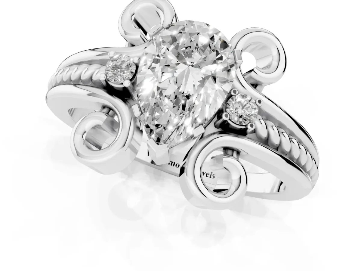 Pear Cut Solitaire Twisted Band Scroll Prong Ring Silver