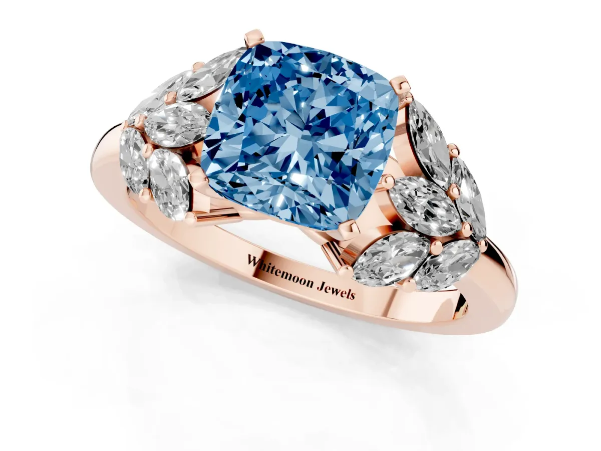 Fancy Blue Cushion Cut Diamond Cluster Leaf Design Ring with Prong Setting Rose gold