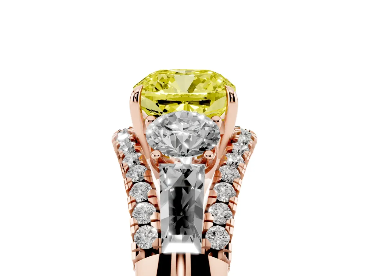 Fancy Yellow Three-Stone Cushion Cut Diamond Engagement Ring with Pave Band and Prong Setting Rose gold