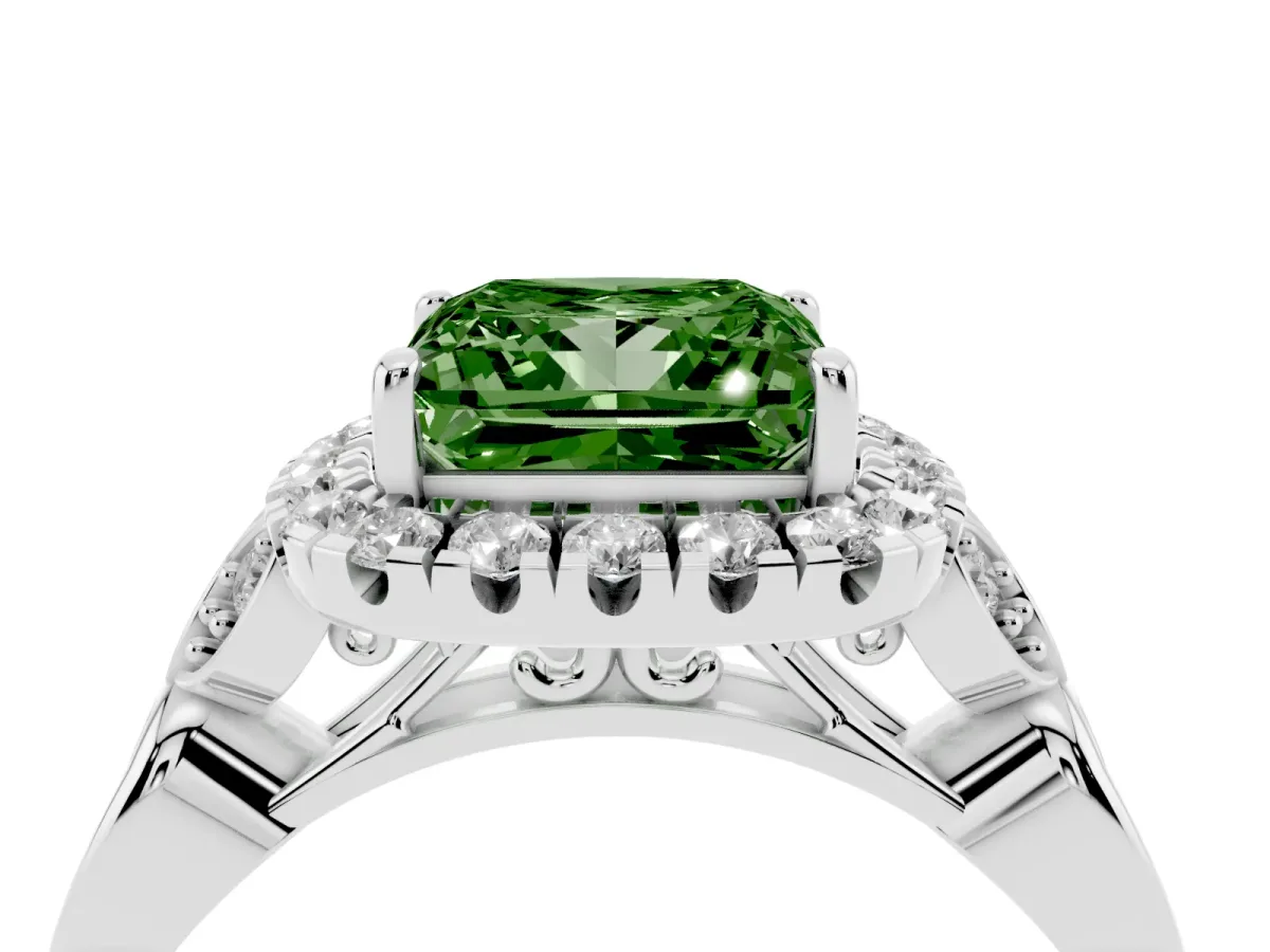 Fancy Green Princess Cut Halo Diamond Engagement Ring with Vintage-Inspired Band and Four-Prong Setting White gold