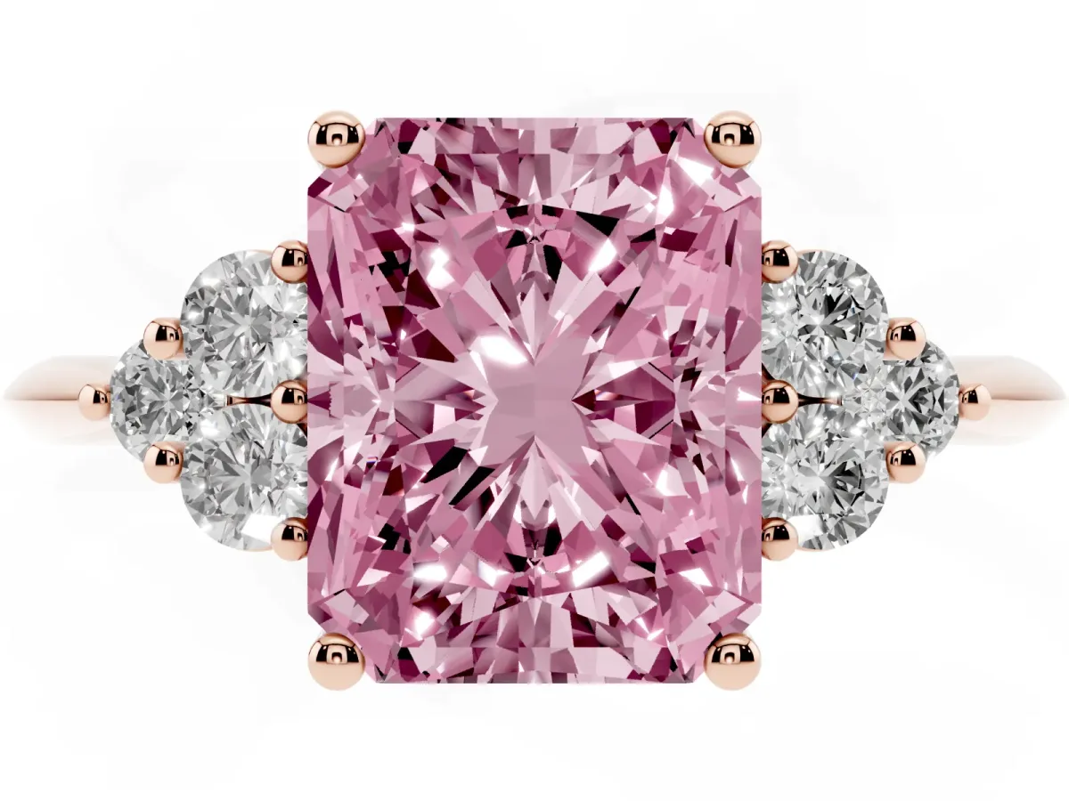 Fancy Pink Radiant Cut Cut Diamond Cluster Ring with Solitaire Band and Four-Prong Setting Rose gold