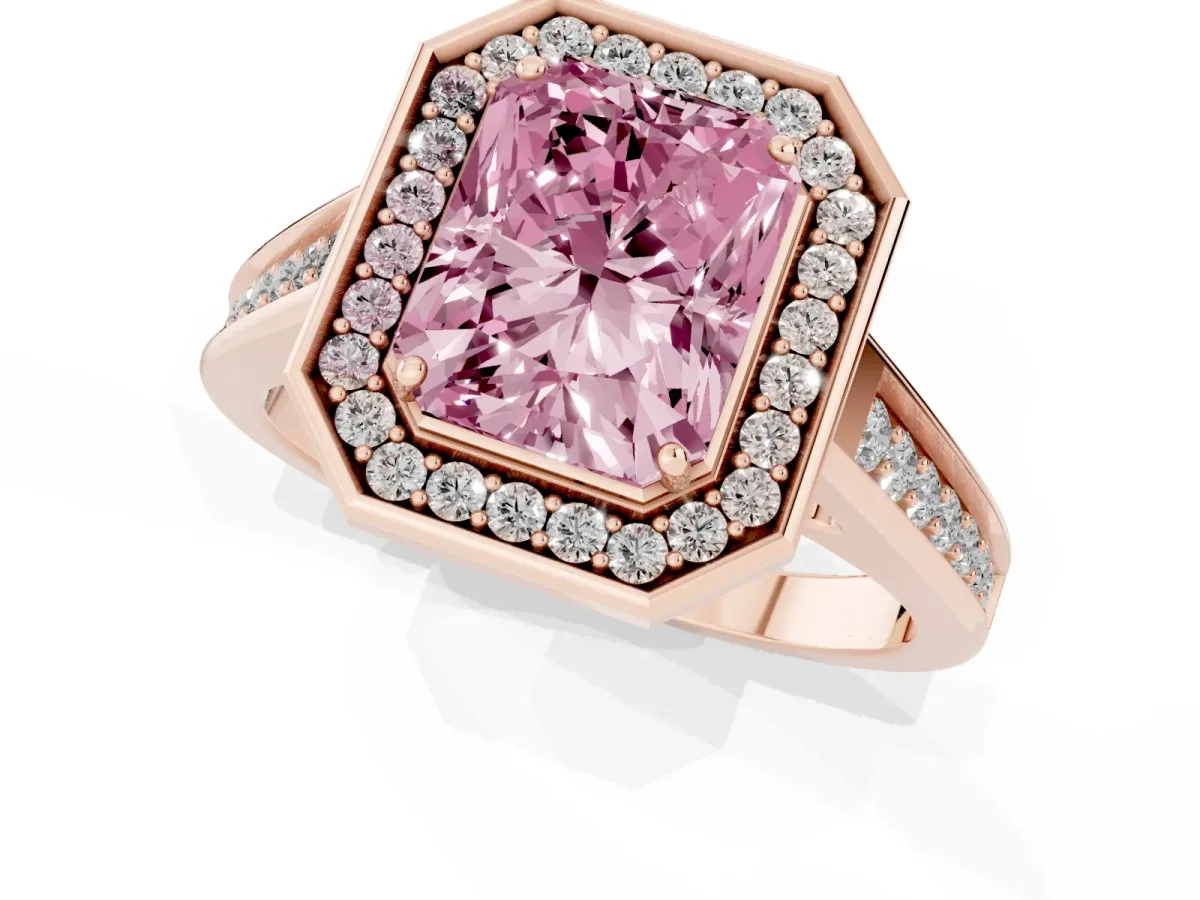 Fancy Pink Radiant Cut Halo Solitaire Diamond Ring with Pave Band and Bezel Setting Rose gold