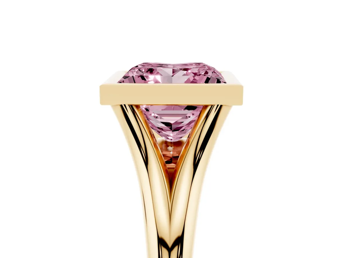 Fancy Pink Bezel Set Princess Cut Cut Solitaire Ring with Tapered Band Yellow gold