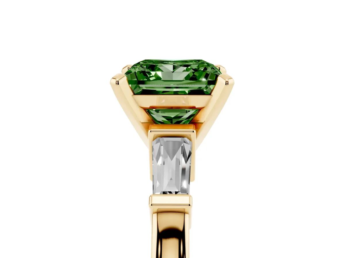 Fancy Green Princess Cut Cut Diamond Solitaire Ring with Tapered Baguette Accents and Four-Prong Setting Yellow gold