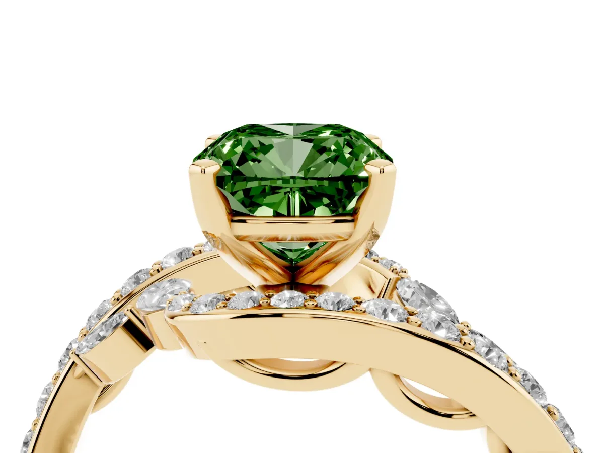 Fancy Green Cushion Cut Solitaire with Pavé Twist Band and Four-Prong Setting Yellow gold