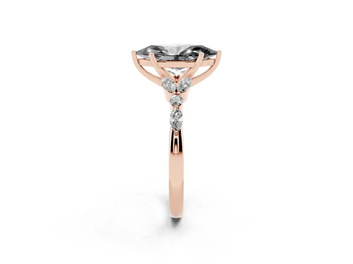 Fancy Black Marquise Cut Diamond Solitaire Ring with Side Stones and Four-Prong Setting Rose gold