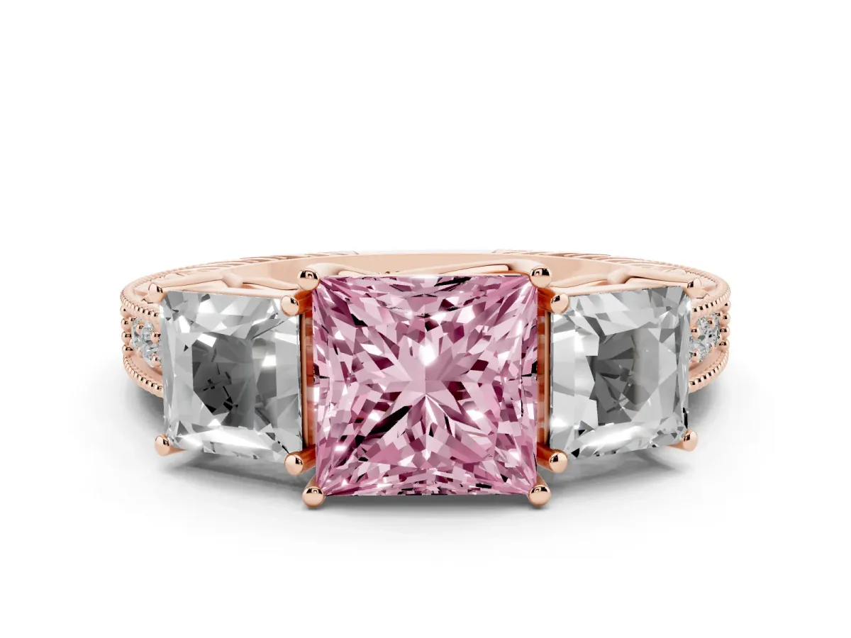 Fancy Pink Three-Stone Princess Cut Cut Milgrain Pavé Engagement Ring Rose gold