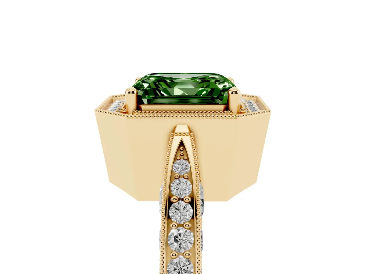 Fancy Green Asscher Cut Halo Diamond Engagement Ring with Split Shank Band and Four-Prong Setting Yellow gold
