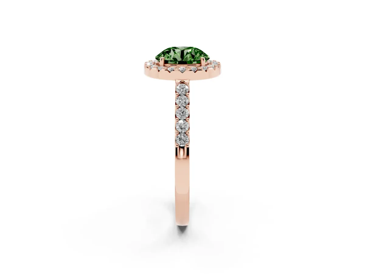 Fancy Green Round Cut Halo Diamond Pavé Solitaire Ring Rose gold