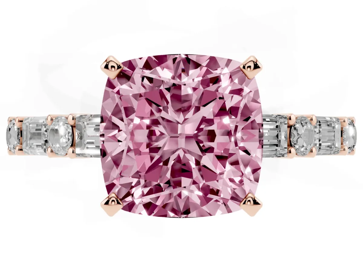 Fancy Pink Cushion Cut Diamond Solitaire with Side Baguettes and Channel Set Band Rose gold