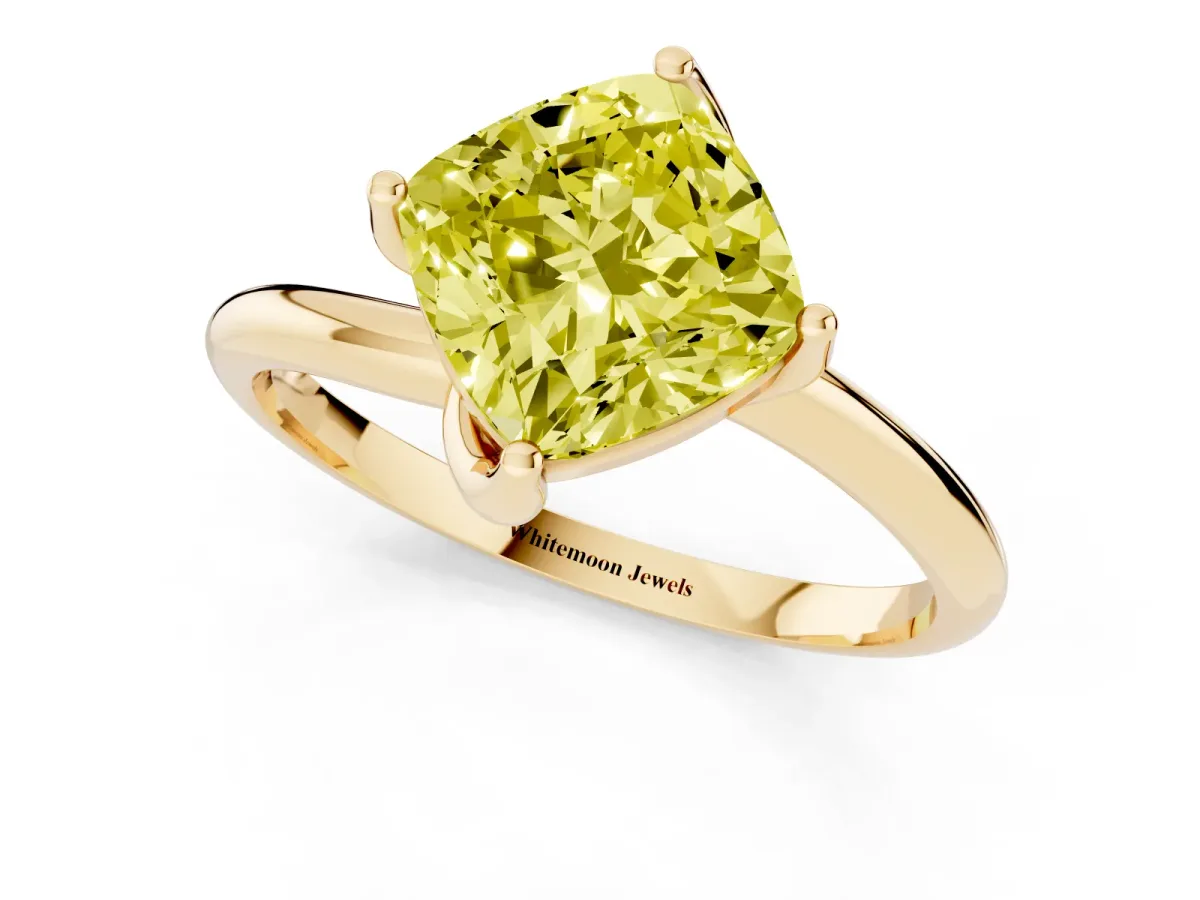 Fancy Yellow Cushion Cut Diamond Solitaire Engagement Ring with Four-Prong Setting and Classic Band Yellow gold